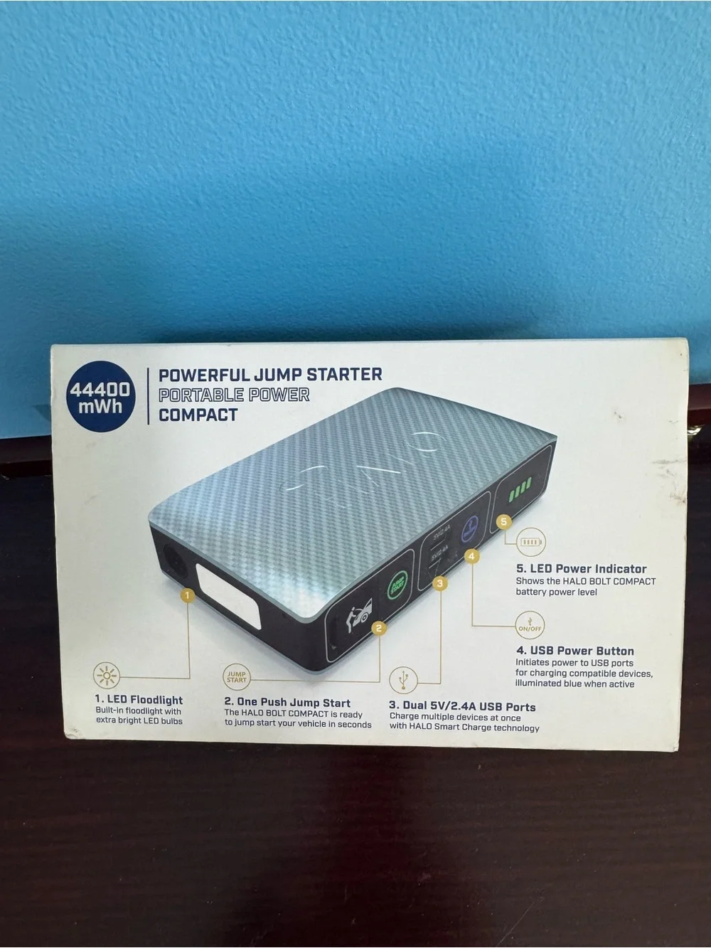 HALO Bolt Compact Jump Starter Power Bank - Navy with Red Cables